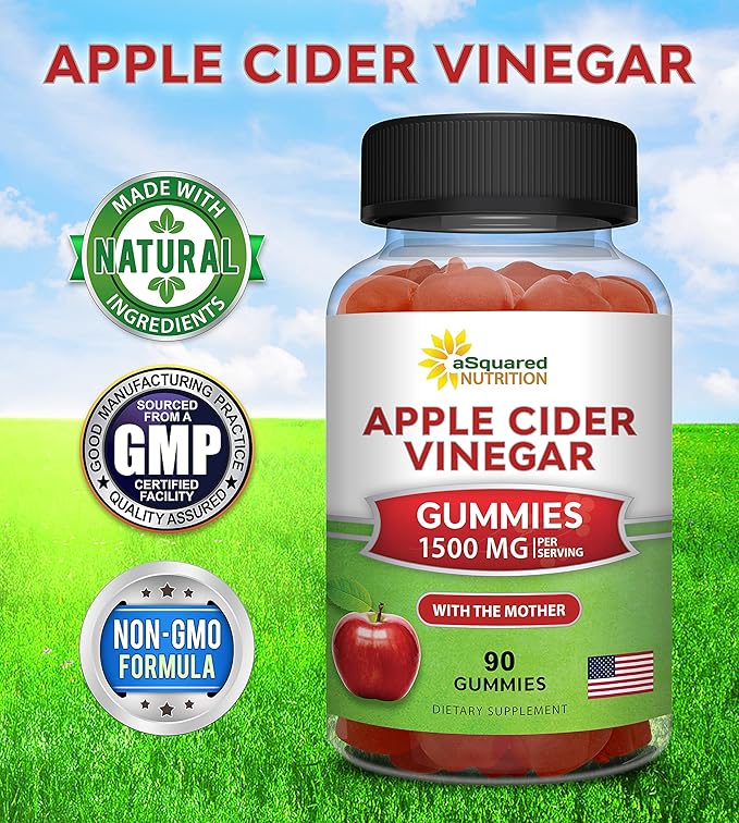 aSquared Nutrition Apple Cider Vinegar Gummies - 1500mg with The Mother - 90 ACV Gummies w/Vitamin B6 & B12, Folic Acid - Vegan Gummy Supplement Alternative to Capsules Pills & Drink
