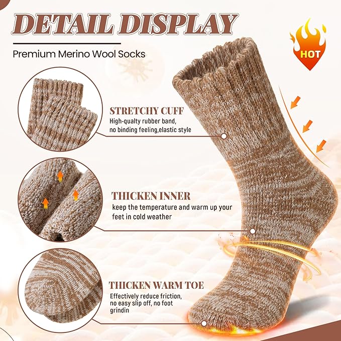 Merino Wool Boot Socks Thermal Winter Ski Thick Warm Hiking Socks for Women Men 3 Pairs