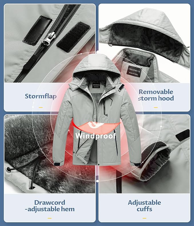 CREATMO US Men's Mountain Waterproof Ski Jacket - Windproof Snowboarding Warm Winter Coat Raincoat