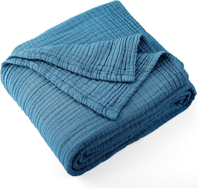 Carriediosa 100% Cotton Muslin Throw Blanket 50" X 70" Throw XL Size,4-Layers Summer Gauze Throws for Bed Couch,Soft Lightweight Breathable Linen Blankets Bedspread for Adults All Season,Dusty Blue