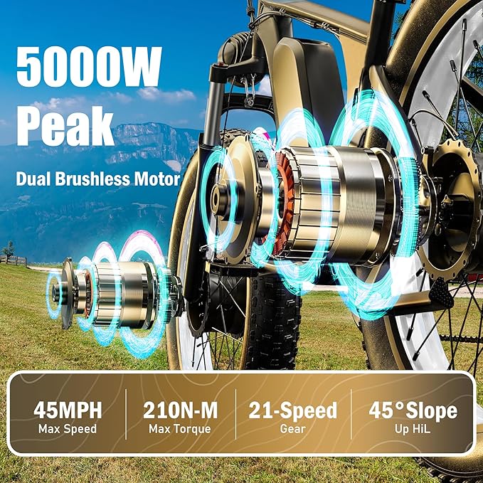 Electric Dirt Bike, 5000W Peak Dual Motor EBike for Adults, 60V 25AH Battery Electric Bike with 40-50MPH Mountain AWD 21-Speed Snow, 26" x 4.0 Fat Tire, Long Range Off-Road