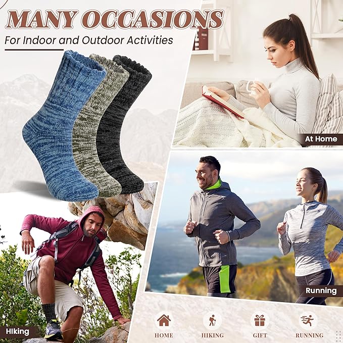 Merino Wool Boot Socks Thermal Winter Ski Thick Warm Hiking Socks for Women Men 3 Pairs