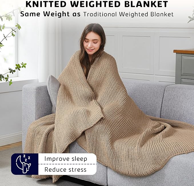 L'AGRATY Knitted Weighted Blanket - 50"x60" 7lbs Cooling Chunky Knit Heavy Blanket for Adults Braided Crochet Throw Thick Cable Yarn Knit Decorative No Beads Evenly Weighted Machine Washable