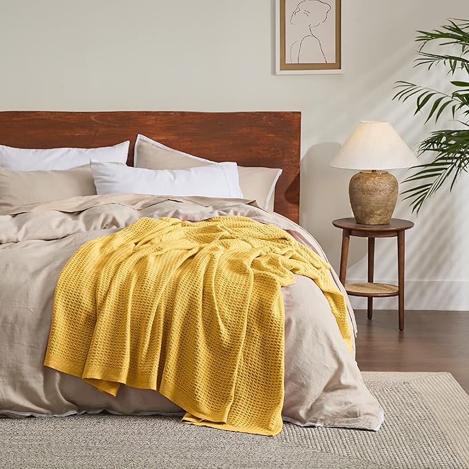 Bedsure 100% Cotton Blanket Queen Size for Bed - Breathable and Soft, Waffle Weave Blanket for Summer, Thick Cozy Fall Blankets for Women Gift, Mustard Yellow, 90x90 Inches