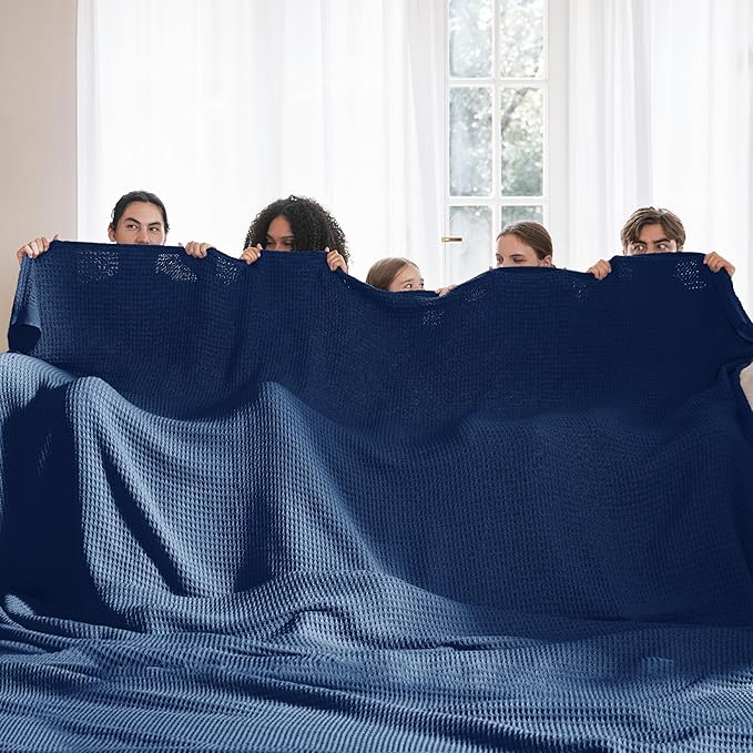 Bedsure 100% Cotton Large Blanket Oversized King for Bed - Breathable Thick Waffle Weave Blanket for Summer, Couch Cover, Navy, 120x94 inches