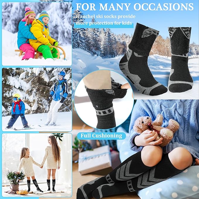Warm Kids Ski Socks - 2 Pairs Merino Wool Skiing Socks, Winter Warm Snowboard Thermal Socks For Boys Girls Toddlers