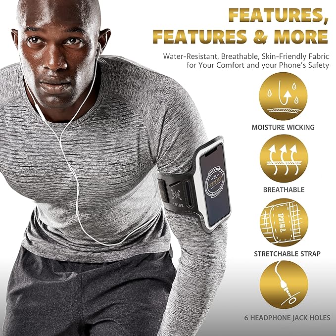 TRIBE Running Phone Holder Armband. iPhone & Galaxy Cell Phone Sports Arm Bands for Women, Men, Runners, Jogging, Walking, Exercise & Gym Workout. Fits All Smartphones. Adjustable Strap, CC/Key Pocket