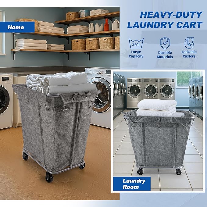 PLKOW Laundry Cart with Wheels 320L Large Rolling Laundry Cart for Commercial/Home, Rolling Laundry Basket with Steel Frame and Waterproof Lining, 9 Bushel, 32.3L x 19.7W x 30.7H Inch, Grey
