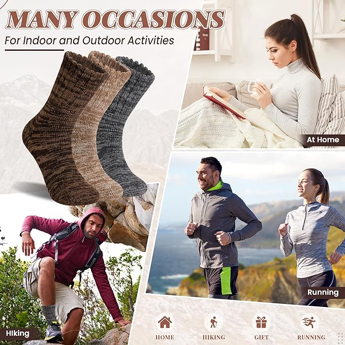 Merino Wool Boot Socks Thermal Winter Ski Thick Warm Hiking Socks for Women Men 3 Pairs