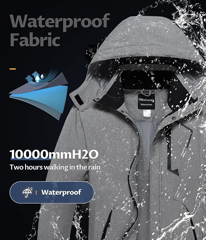 CREATMO US Men's Mountain Waterproof Ski Jacket - Windproof Snowboarding Warm Winter Coat Raincoat