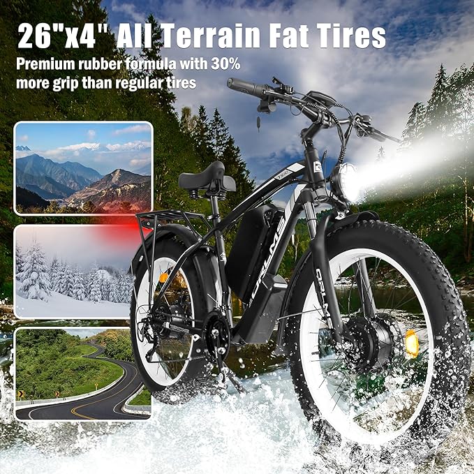 Electric Dirt Bike, 5000W Peak Dual Motor EBike for Adults, 60V 25AH Battery Electric Bike with 40-50MPH Mountain AWD 21-Speed Snow, 26" x 4.0 Fat Tire, Long Range Off-Road