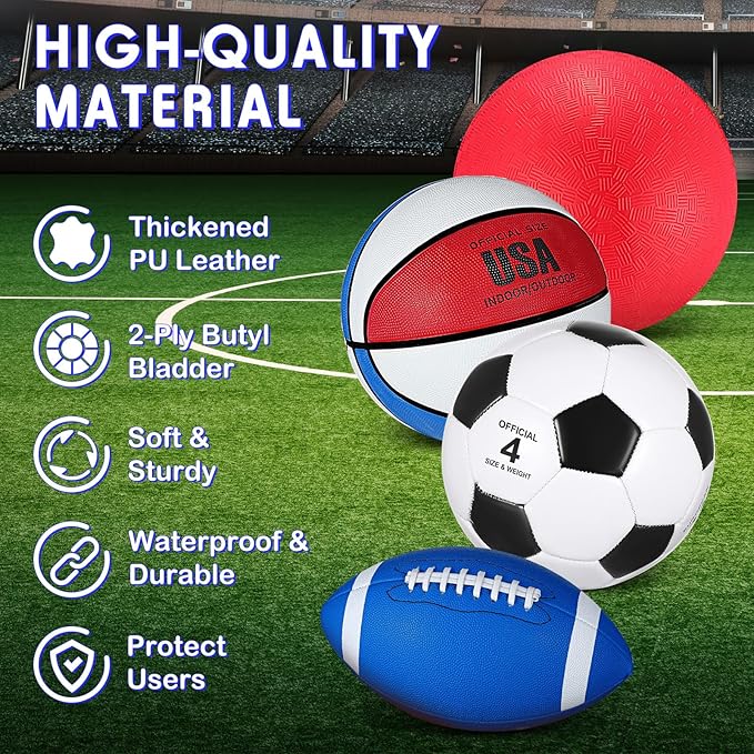 Deekin 4 Pcs Sport Balls Set for Kids Teens, Include Official Size 5 Basketball 4 Soccer 6 Football Playground Ball and Pump Sports Equipment Bag Recess Equipment Sport for Students(Bright Color)