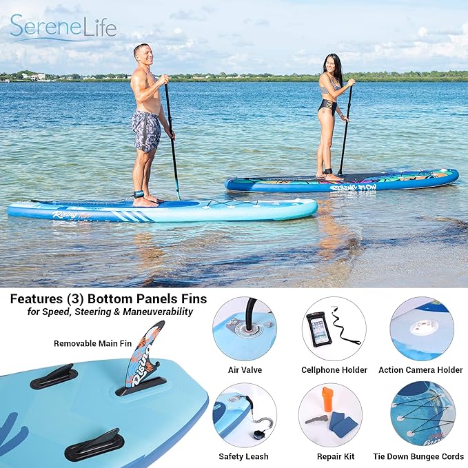 SereneLife Inflatable Stand Up Paddle Board with Premium SUP Accessories – Wide Stable Design with Non-Slip EVA Deck Pad for Adults and Youth of All Skill Levels