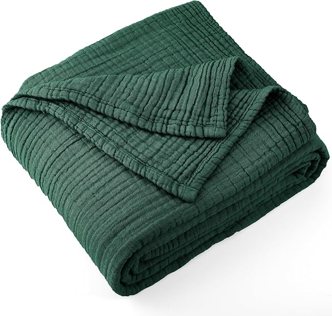 Carriediosa 100% Cotton Muslin Throw Blanket 50" X 70" Throw XL Size,4-Layers Summer Gauze Throws for Bed Couch,Soft Lightweight Breathable Linen Blankets Bedspread for Adults All Season,Dark Green