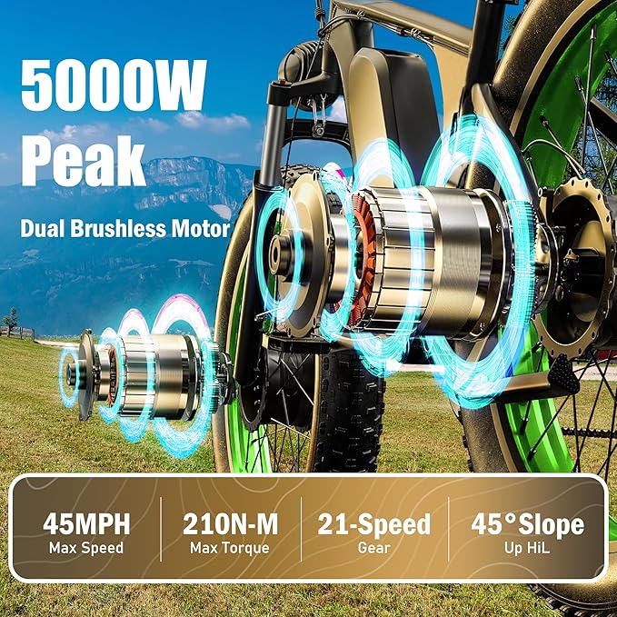 Electric Dirt Bike, 5000W Peak Dual Motor EBike for Adults, 60V 25AH Battery Electric Bike with 40-50MPH Mountain AWD 21-Speed Snow, 26" x 4.0 Fat Tire, Long Range Off-Road