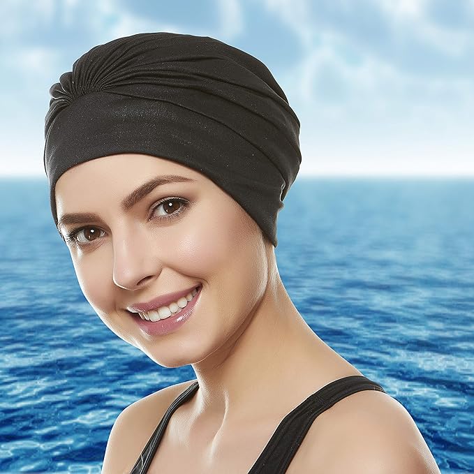 BEEMO Swim Caps for Women Swimming Turban Polyester Latex Lined Pleated for Ladies