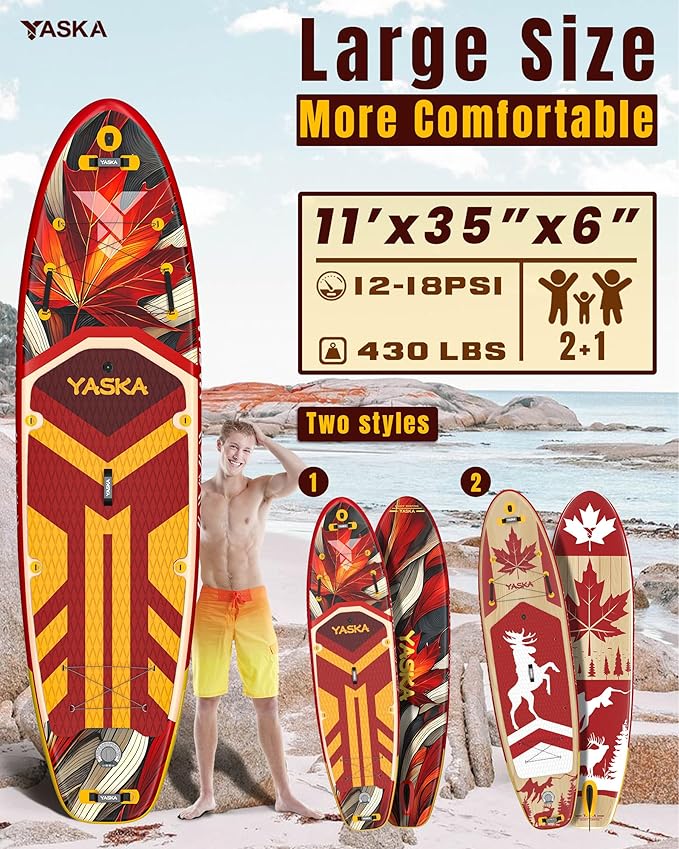 YASKA Inflatable Stand Up Paddle Board - 11ft Extra Wide Paddleboard with Premium SUP Board Accessories,Camera Mount,Non-Slip EVA Deck,5 Handles,Youth/Adult