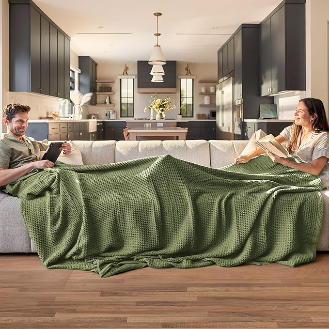 Bedsure 100% Cotton Blanket King Size for Bed - Breathable and Soft, Waffle Weave Blanket for Summer, Thick Cozy Fall Blankets for Women Gift, Olive Green, 104x90 inches