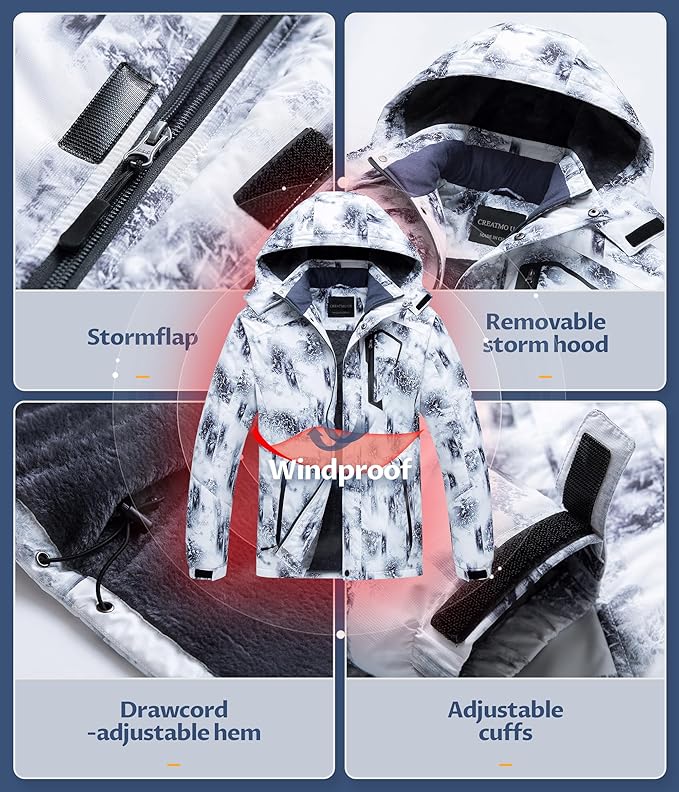 CREATMO US Men's Mountain Waterproof Ski Jacket - Windproof Snowboarding Warm Winter Coat Raincoat