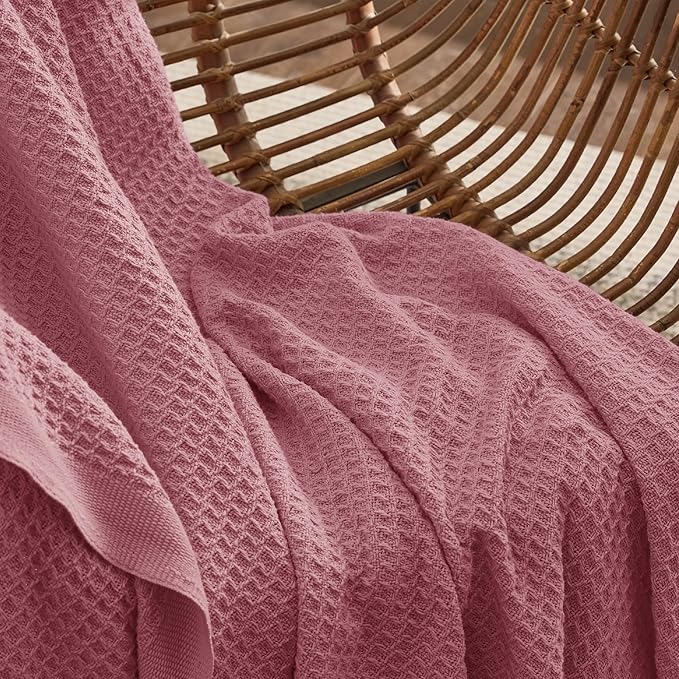 Bedsure 100% Cotton Large Throw Blanket for Couch 50x70 inches - Breathable and Soft, Waffle Weave Throw Blanket for Office, Dusty Rose