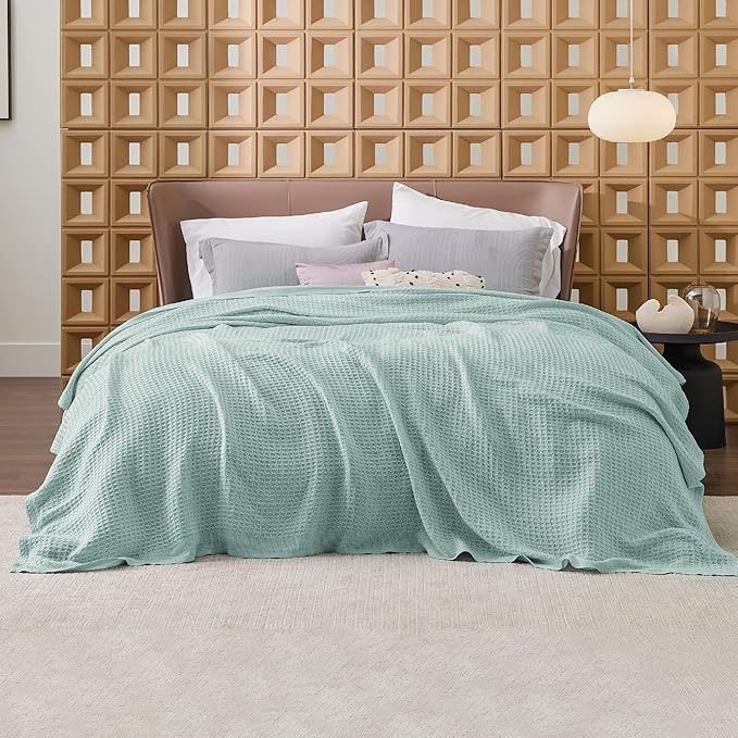 Bedsure 100% Cotton Blanket Queen Size for Bed - Breathable and Soft, Waffle Weave Blanket for Summer, Thick Cozy Fall Blankets for Women Gift, Mint, 90x90 Inches
