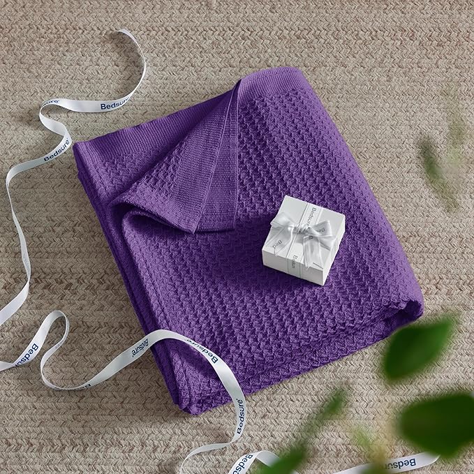 Bedsure 100% Cotton Blanket King Size for Bed - Breathable and Soft, Waffle Weave Blanket for Summer, Thick Cozy Fall Blankets for Women Gift, Purple, 104x90 inches