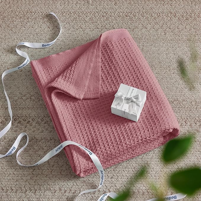 Bedsure 100% Cotton Large Throw Blanket for Couch 50x70 inches - Breathable and Soft, Waffle Weave Throw Blanket for Office, Dusty Rose