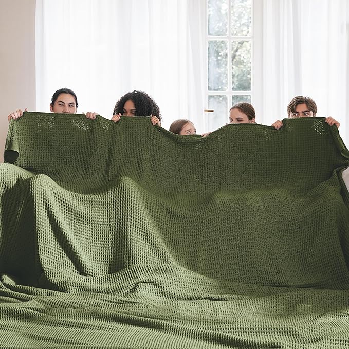 Bedsure 100% Cotton Large Blanket Oversized King for Bed - Breathable Thick Waffle Weave Blanket for Summer, Couch Cover, Olive Green, 120x94 inches