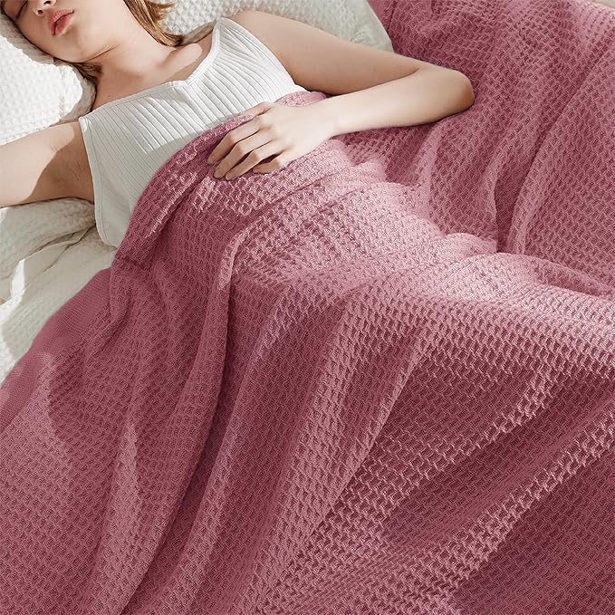 Bedsure 100% Cotton Large Throw Blanket for Couch 50x70 inches - Breathable and Soft, Waffle Weave Throw Blanket for Office, Dusty Rose