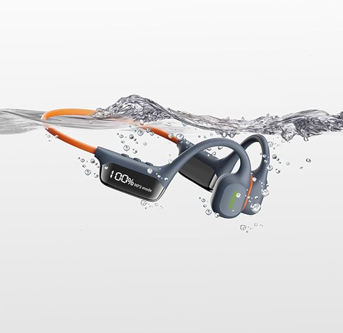 IHAO Swimming Headphones True Bone Conduction Open Ear Headset MP3 Player Built-in 32G Memory IP68 Underwater Waterproof Stereo Bluetooth Earphone for Driving Bicycling Running Skiing-Grey