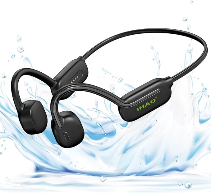 IHAO Swimming Headphones True Bone Conduction Open Ear Headset MP3 Player Built-in 32G Memory IP68 Underwater Waterproof Stereo Bluetooth Earphone for Driving Bicycling Running Skiing-Black