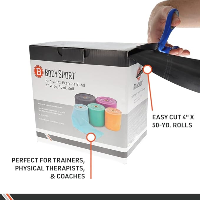 Body Sport Exercise Band, 50 yd. x 4 in. Roll, Heavy Resistance - Home & Gym Fitness Equipment for Stretching, Strength Training & Physical Therapy (Green)