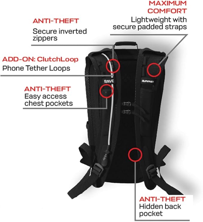 RAVERUNNER® Anti-Theft Hydration Backpack | Festival Approved Rave Backpack for Concert Goers, Leak-Free Festival Water Backpack for EDC, Rave Hydration Pack