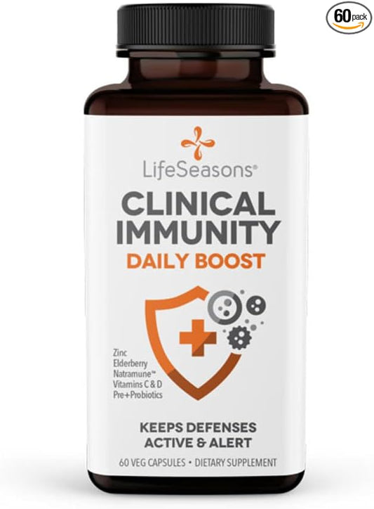LifeSeasons Clinical Immunity - Daily Boost - Immune System Booster - Pre + Probiotics - Increases Antibodies & Immune Cells - Elderberry, Zinc, Natramune & Vitamin C + D3-60 Capsules