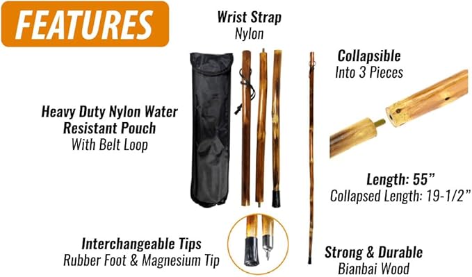SE 3 Piece 55" Detachable Pine Wood Walking/Hiking Stick with Metal Tip, Reinforced Rubber Tip, and Water-Resistant Travel Pouch - Portable and Durable for Outdoor Adventures