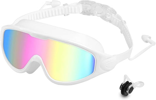 Swim Goggles for Adults, Wide View Anti-Fog & UV Swimming Goggles with Nose Clip & Ear Plugs, No Leak