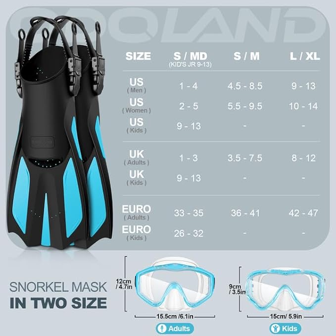 Odoland Kids Snorkeling Packages Snorkel Set, Dry Top Snorkel Mask with Adjustable Swim Fins for Boys and Girls Age 7-14
