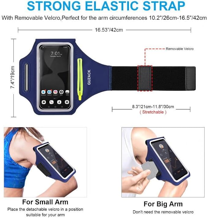 GUZACK Running Armband, Running Phone Holder with Key Pockets & Card Slot for iPhone 15 14 13 12 11 Pro Max Plus, Galaxy S24 S23/S22/S21 Fit Up to 6.9 Inches, Navy Blue Green Zipper