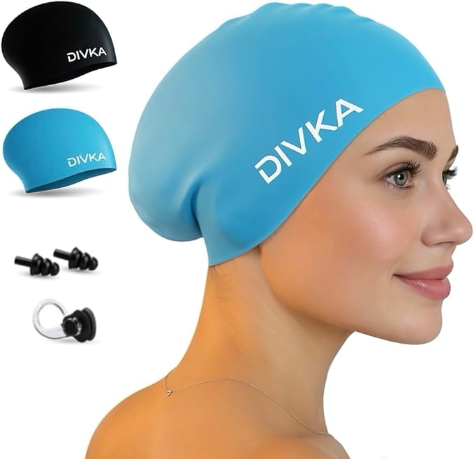 2-Pack Premium Quality Silicone Swim Caps for Women, Men, Teens & Adults – Medium Size – Stretchable & Durable, Includes Ear Plugs & Nose Clip, Extra Room for Long Hair, Non-Slip & Waterproof