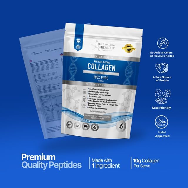 The Intelligent Health Hydrolyzed Collagen Peptides Powder, Grass Fed, High Protein, Unflavored, Gluten-Free, Paleo & Keto Friendly, 10g per Serving (1kg) Supports Skin, Hair, Nails, Joints, & Bones
