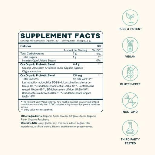 Ora Organic Prebiotic and Probiotic Powder Supplement - 20 Billion Probiotics, 7 Strains for Best Prebiotic Powder, Non-GMO, Probiotics for Women, Men & Kids - Apple Raspberry Flavor, 30 Servings…