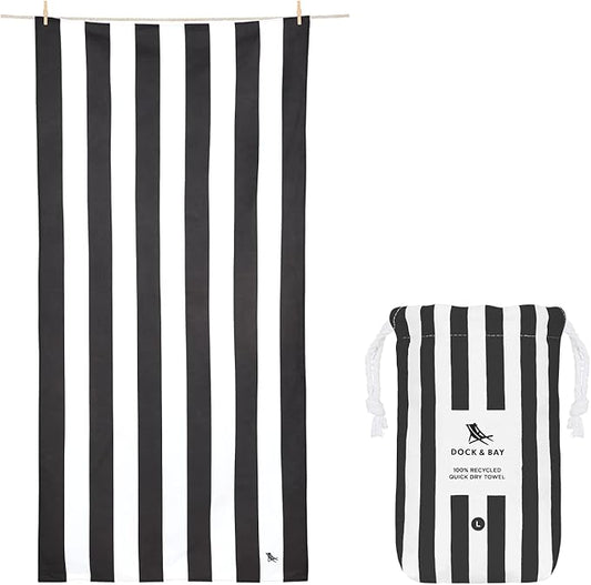 Dock & Bay Beach Towel - Quick Dry, Sand Free - Compact, Lightweight - 100% Recycled - Includes Bag - Cabana - Kamari Charcoal - Extra Large (200x90cm, 78x35)