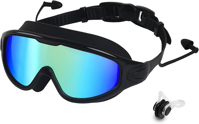 Swim Goggles for Adults, Wide View Anti-Fog & UV Swimming Goggles with Nose Clip & Ear Plugs, No Leak