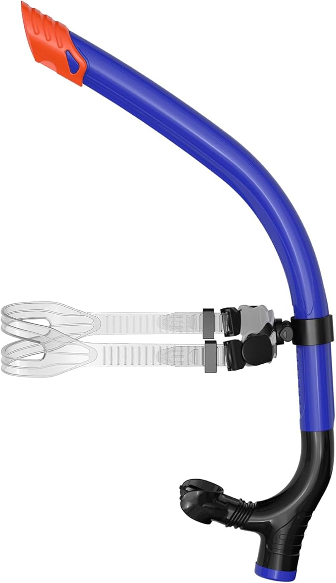 Swimmer's Snorkel for Lap Swimming, Adult Snorkeling Gear Swim Training, Center-Mount Silicone Mouthpiece One-Way Purge Valve in Pool and Open Water