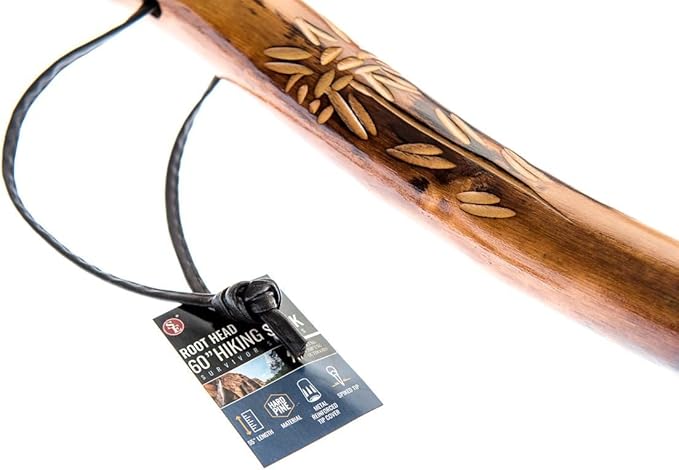 SE 60-Inch Natural Wood Walking Stick with Root Head & Steel Tip - Hand-Carved Floral Design, Huangtang Wood, Grooved Grip - WS631-60RH