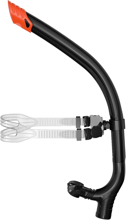 Swimmer's Snorkel for Lap Swimming, Adult Snorkeling Gear Swim Training, Center-Mount Silicone Mouthpiece One-Way Purge Valve in Pool and Open Water