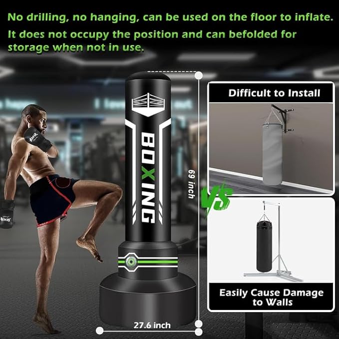 Upgrated Standing Punching Bag for Adults, Boxing Bag with Automatic Built in Air Pump and 12OZ Gloves, 69'' Kicking Bag Boxing Equipment Heavy Bag for Training MMA Muay Thai Fitness