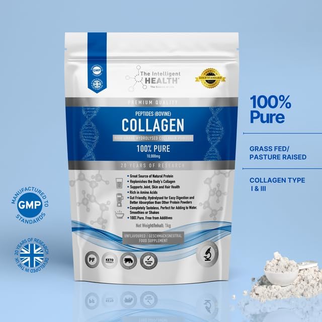The Intelligent Health Hydrolyzed Collagen Peptides Powder, Grass Fed, High Protein, Unflavored, Gluten-Free, Paleo & Keto Friendly, 10g per Serving (1kg) Supports Skin, Hair, Nails, Joints, & Bones