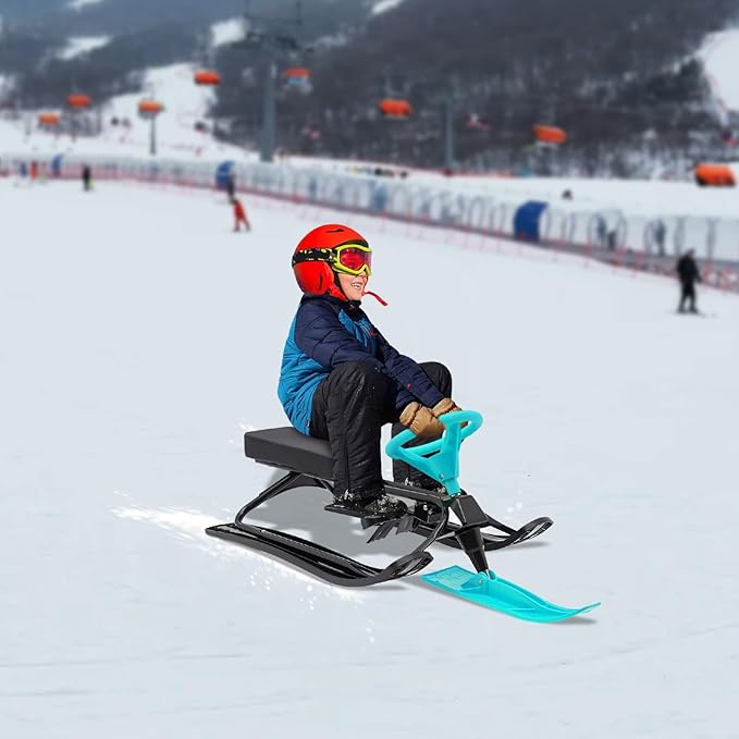 Snow Racer Sled with Steering Wheel and Brakes, Durable Steel Frame, Downhill Steerable Sled for 220 LBS Kids, Teenagers, Adults