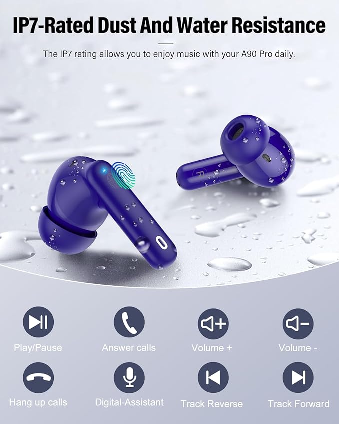 Wireless Earbuds, Bluetooth 5.4 Headphones Bass Stereo, Ear Buds with Noise Cancelling Mic, IP7 Waterproof in Ear Earphones, 36H LED Display Bluetooth Earbuds for Laptop Pad Phones Sports, Dark Blue